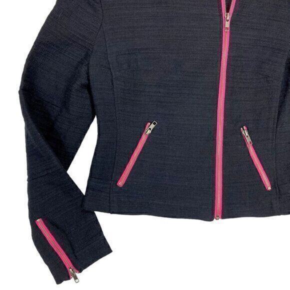 Halogen Knit Moto Jacket Womens Size Small Black Neon Pink Trim Zip Front Blazer - Picture 3 of 16